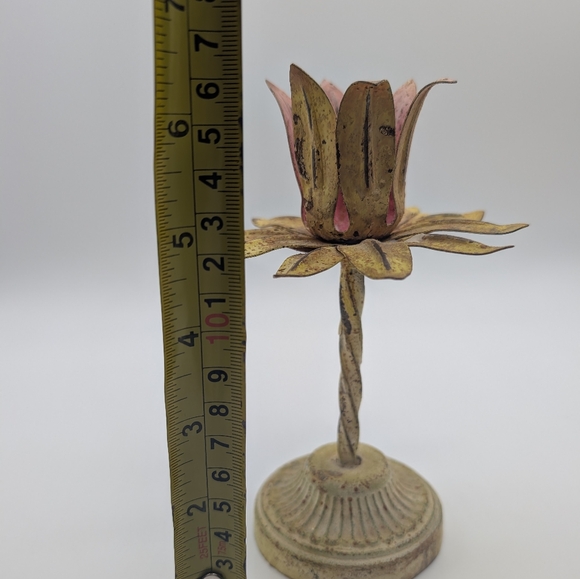 Vintage Tole Aged Yellow and Pink Metal Flower Candle Holder - Picture 6 of 10